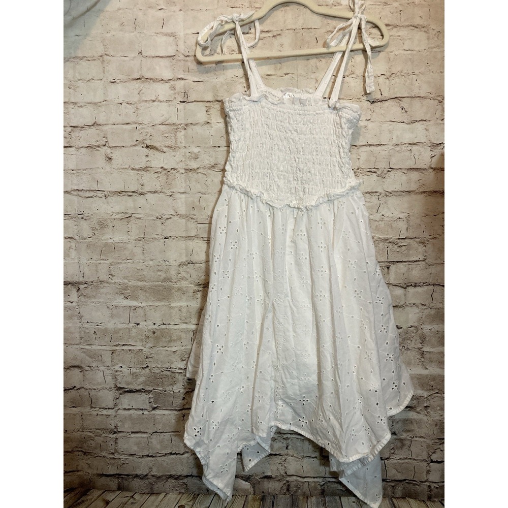 Venus Dress Medium White Eyelet Smocked Handkerchief Hem Tie Strap Sundress